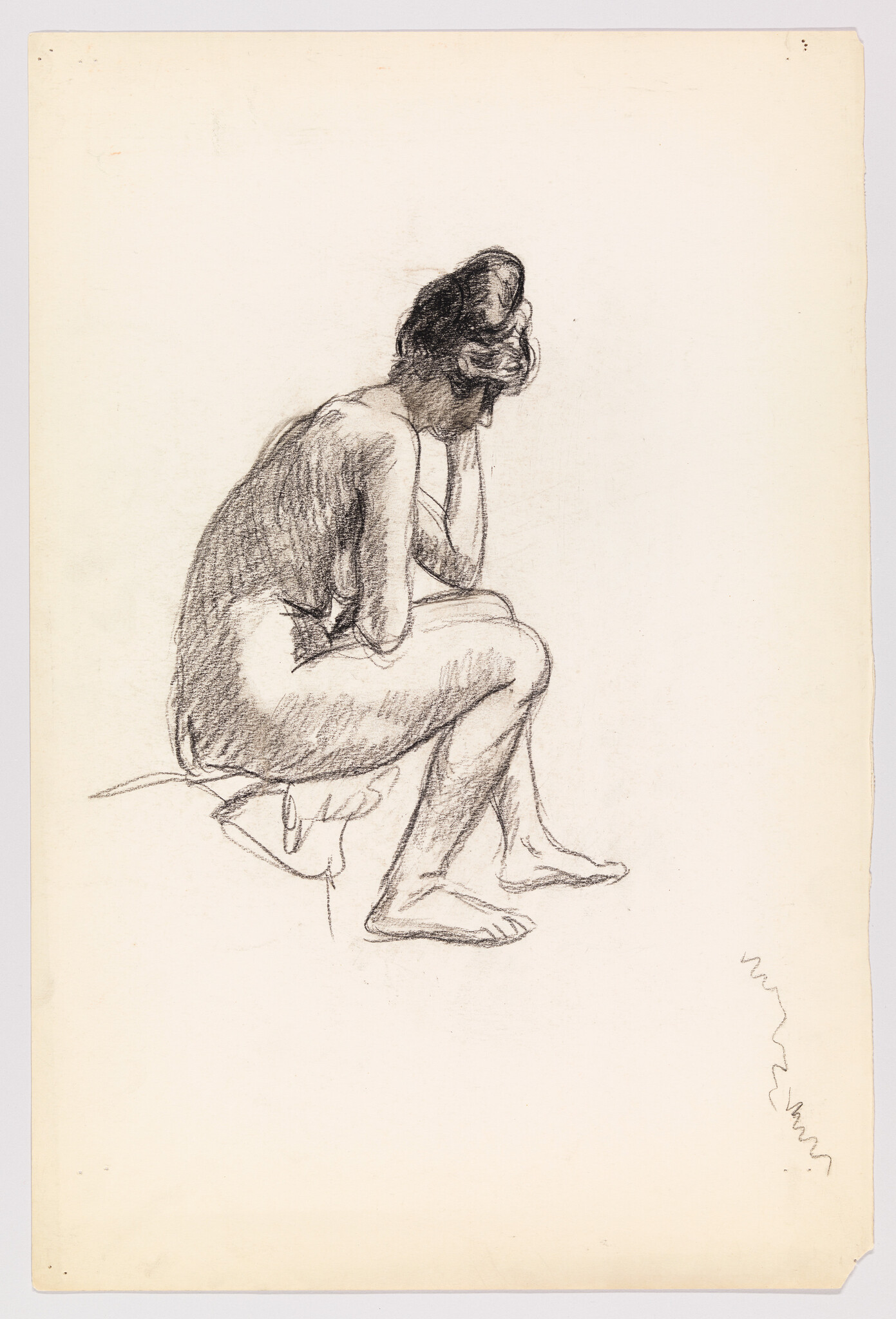 Seated nude woman rests her head on her hand, looking downward in thought.