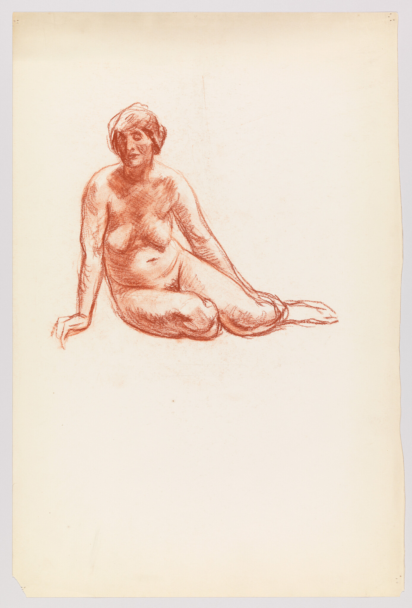 A seated nude woman wearing a headscarf leans back on her hands in a red chalk sketch.