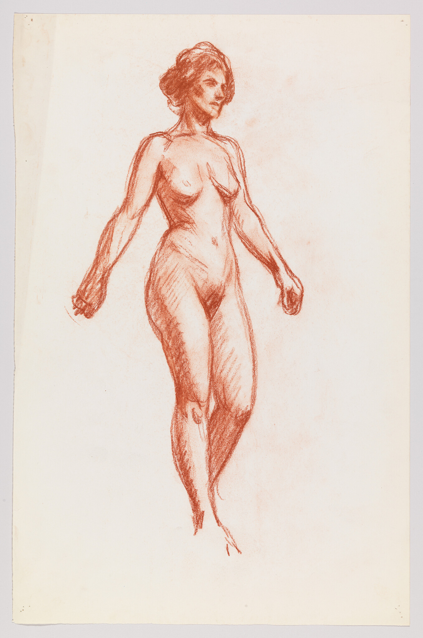 A red chalk sketch of a standing nude woman with one foot forward and relaxed arms.