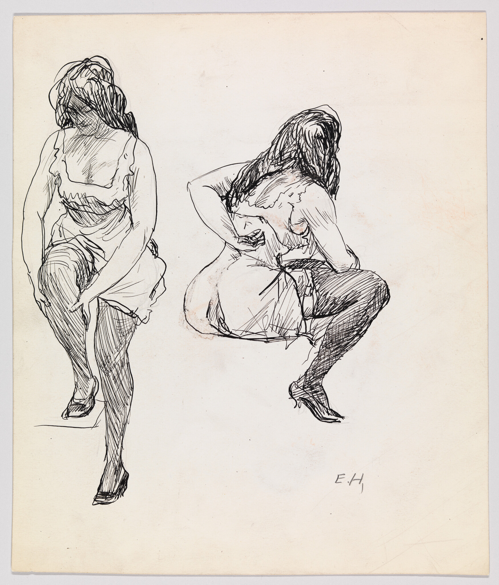 Two women in slips adjusting stockings and garters in quick ink sketches.