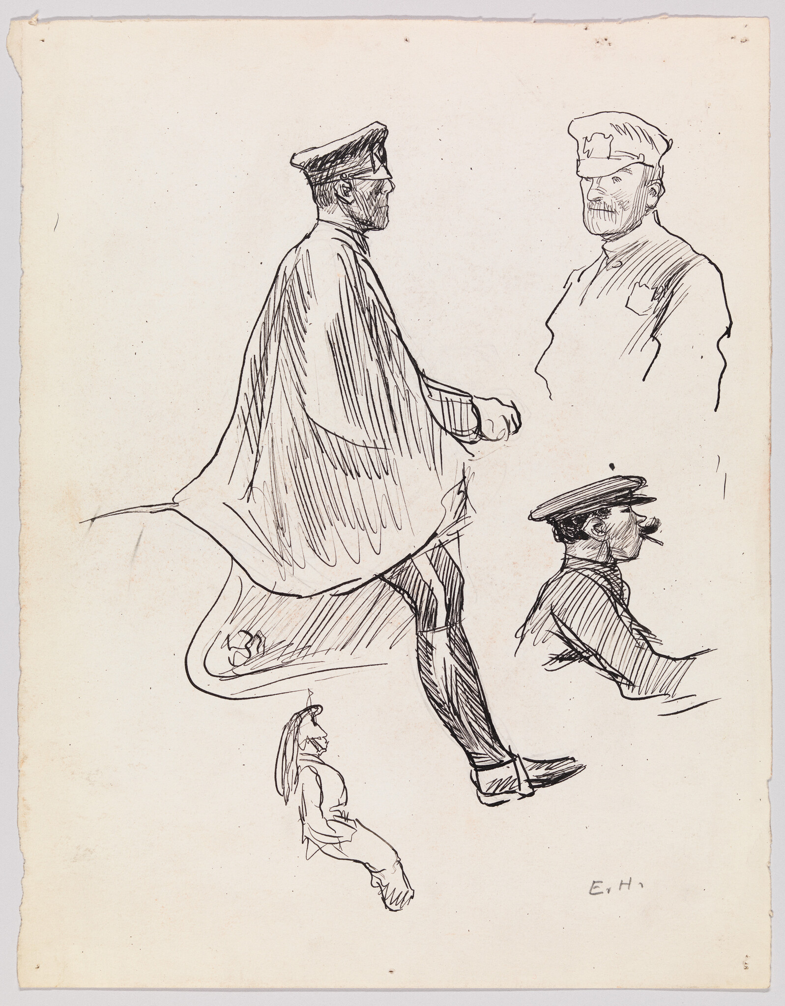 Several ink sketches of uniformed men wearing peaked caps, including a large seated figure with cape.