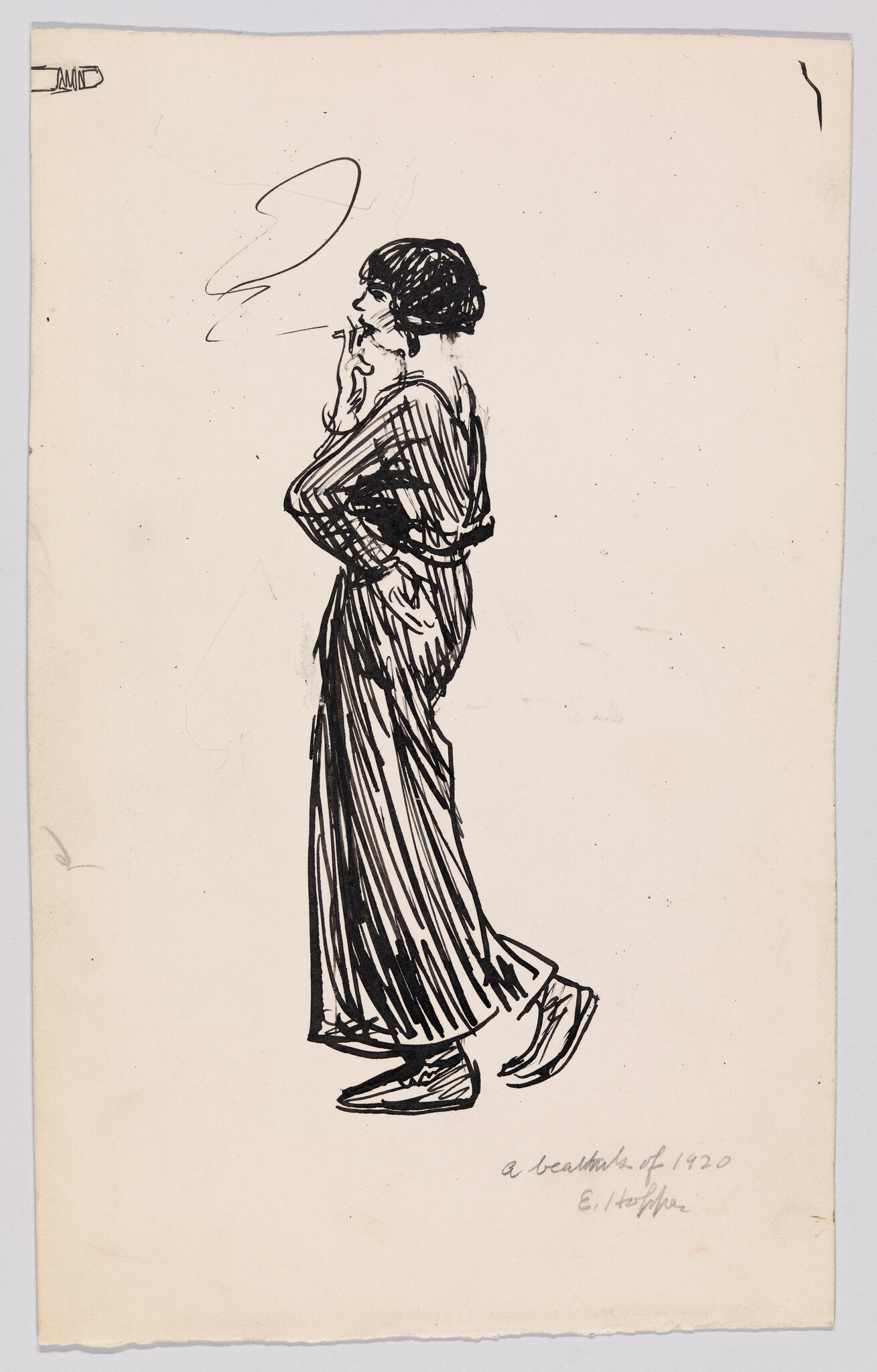 A woman in a long dress stands in profile smoking a cigarette with her hand on her hip.
