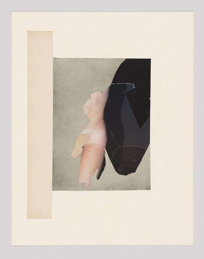 Collage showing torn paper pieces forming a partial nude torso beside a large black shape.