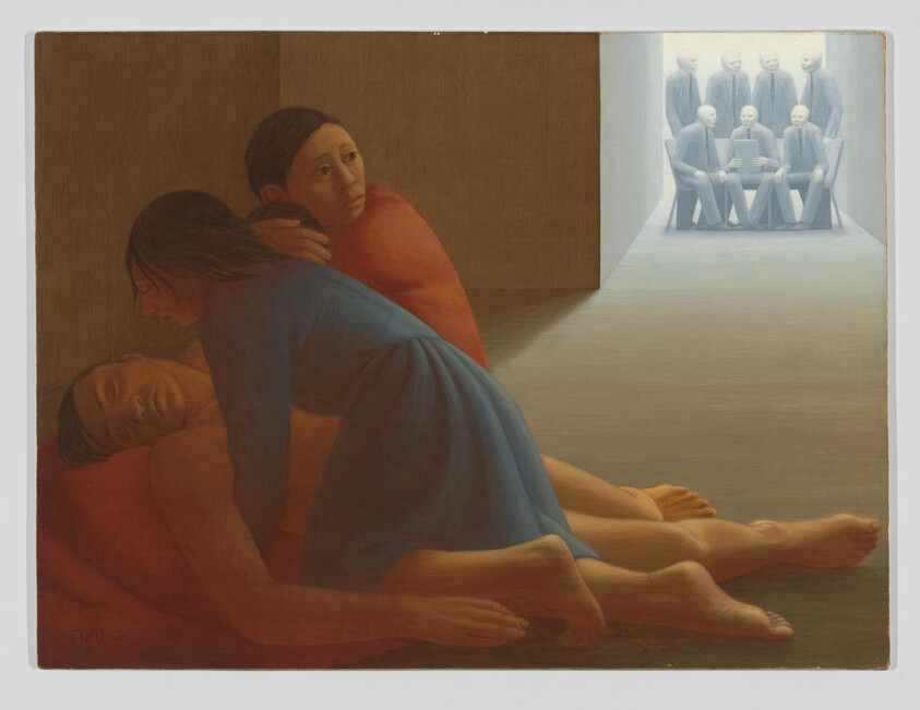 A painting depicting three figures in the foreground with a somber mood; two are embracing a sleeping or deceased figure on a red bed, while the third looks on with a pensive expression. In the background, a group of seven seated figures in a monochrome room appear to be in a meeting, disconnected from the emotional scene in the foreground. The artwork is signed "TOOKER" at the bottom left.
