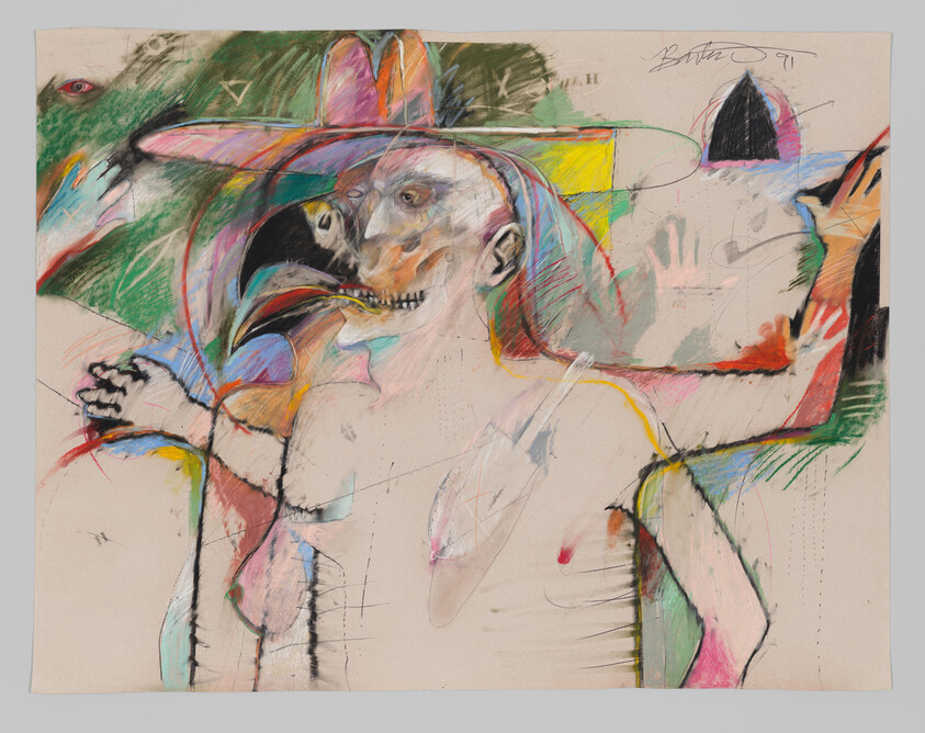 A distorted humanoid figure with a large bird-like beak raises its arms amid colorful marks.