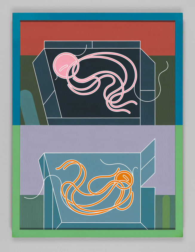 Two geometric boxes contain looping, ribbon-like shapes—pink in the top box and orange in the bottom.