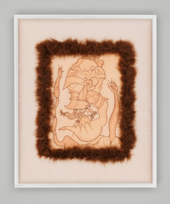 Framed abstract line drawing of a multi-limbed figure surrounded by a brown fur border.