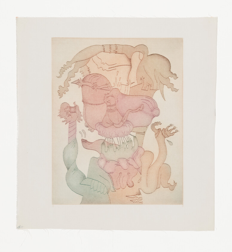 A pastel surreal composition of stacked, distorted animal and human-like forms with delicate linework.