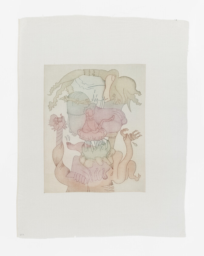 Surreal pastel drawing of stacked abstract creatures and organic shapes with flowing limbs.