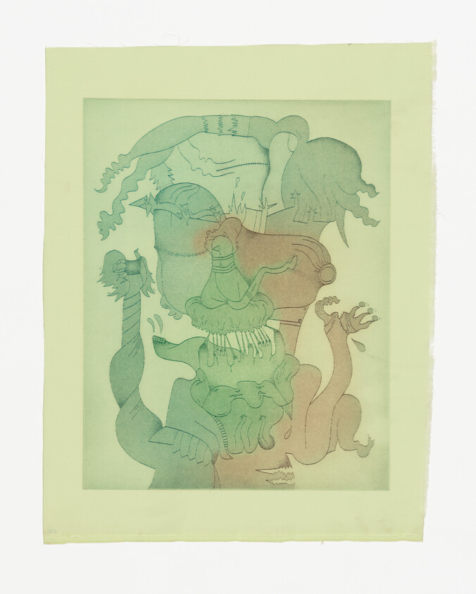 Surreal layered figures and whimsical creatures in green and pink tones overlapping on pale background.