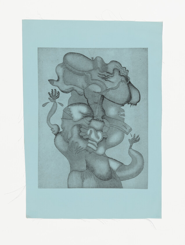 Surreal, merged creature with multiple limbs and distorted facial features drawn on pale blue paper.