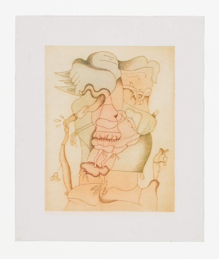 Abstract surreal drawing of intertwined organic shapes and distorted faces in muted pink and green tones.