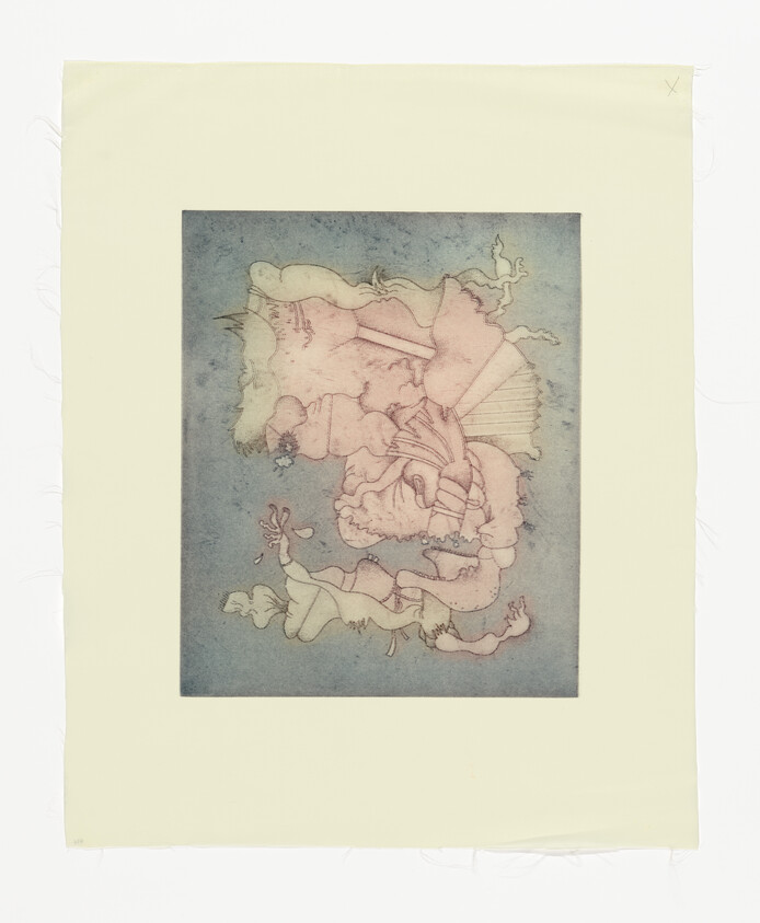 Pastel-toned abstract illustration of intertwined figures and flowing ribbons framed on cream paper.