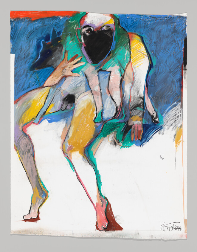 A colorful abstract figure with a dark mask crouches with hands reaching forward.