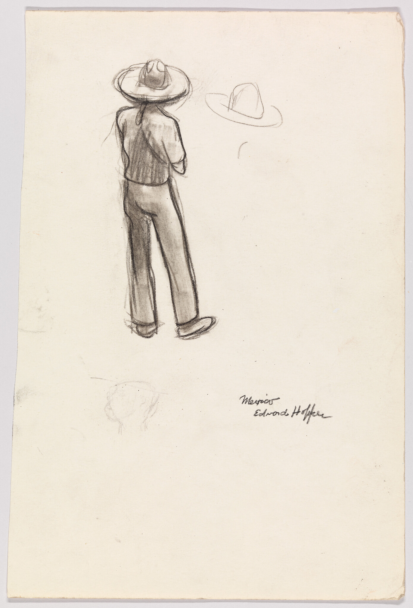A charcoal sketch of a person wearing a wide-brimmed hat standing with their back to the viewer.