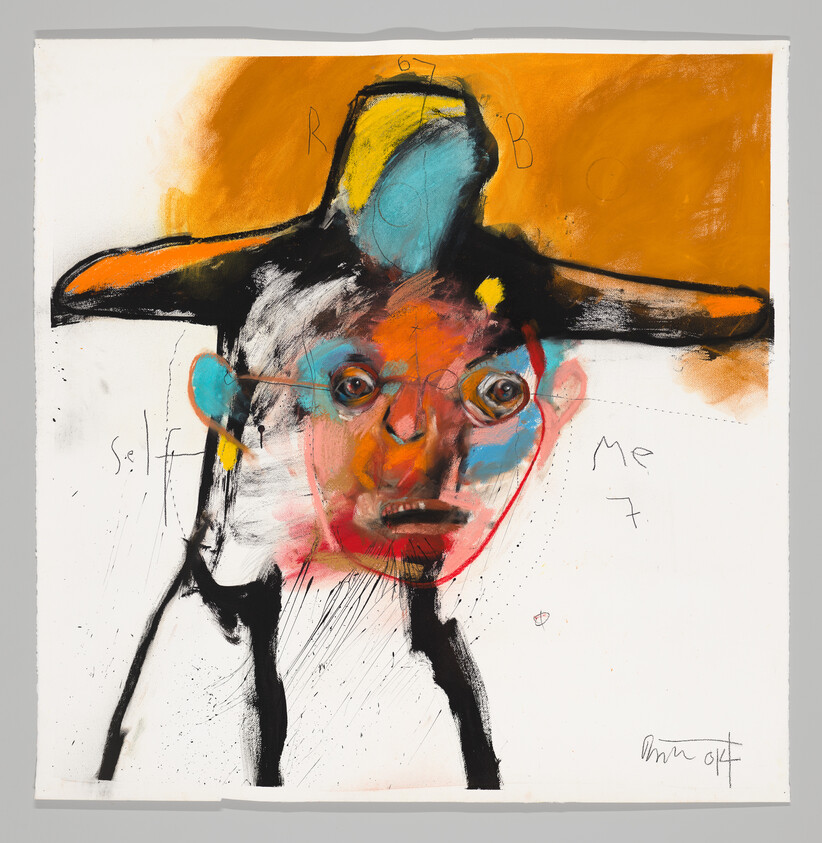 Abstract painting of a distorted colorful face wearing a wide hat against an orange background.