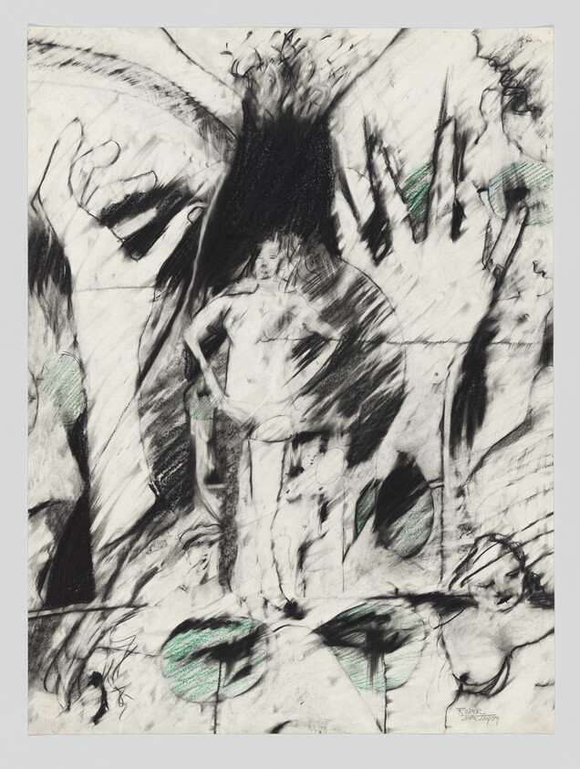 A charcoal sketch of a standing nude figure with hands on hips amid abstract dark shapes.