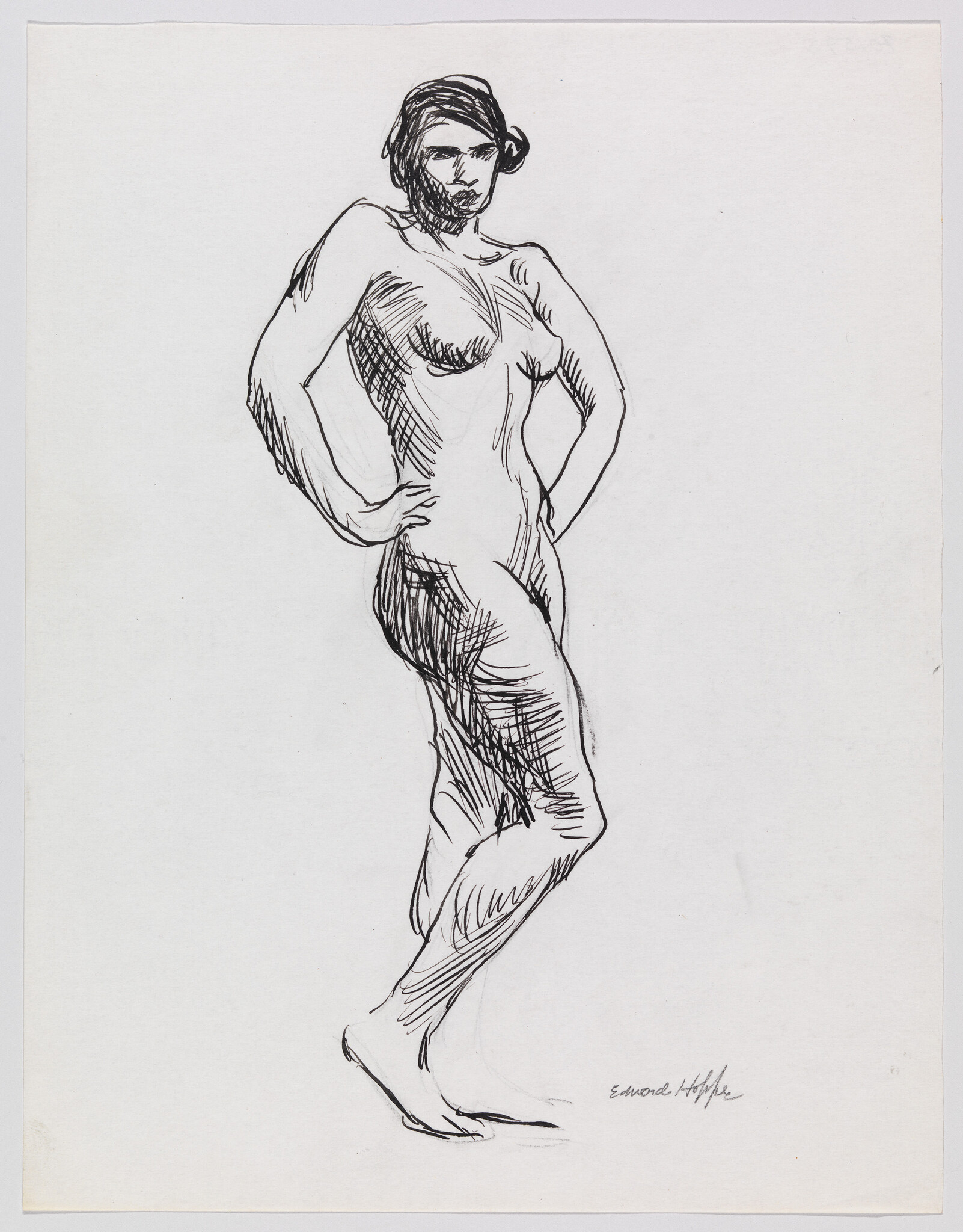 A pen-and-ink sketch of a standing nude woman with hands on her hips.