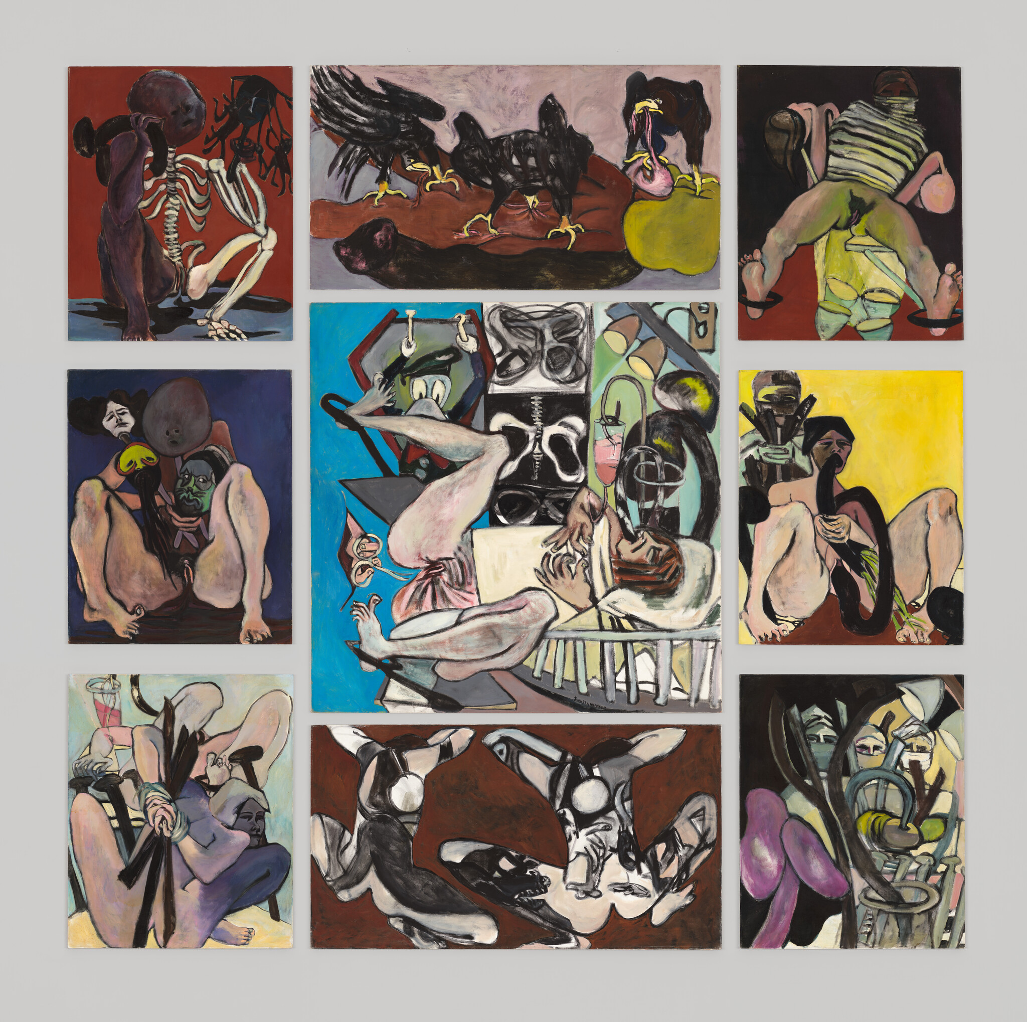 Nine abstract paintings with distorted human figures and animals, featuring bold colors and dynamic compositions.