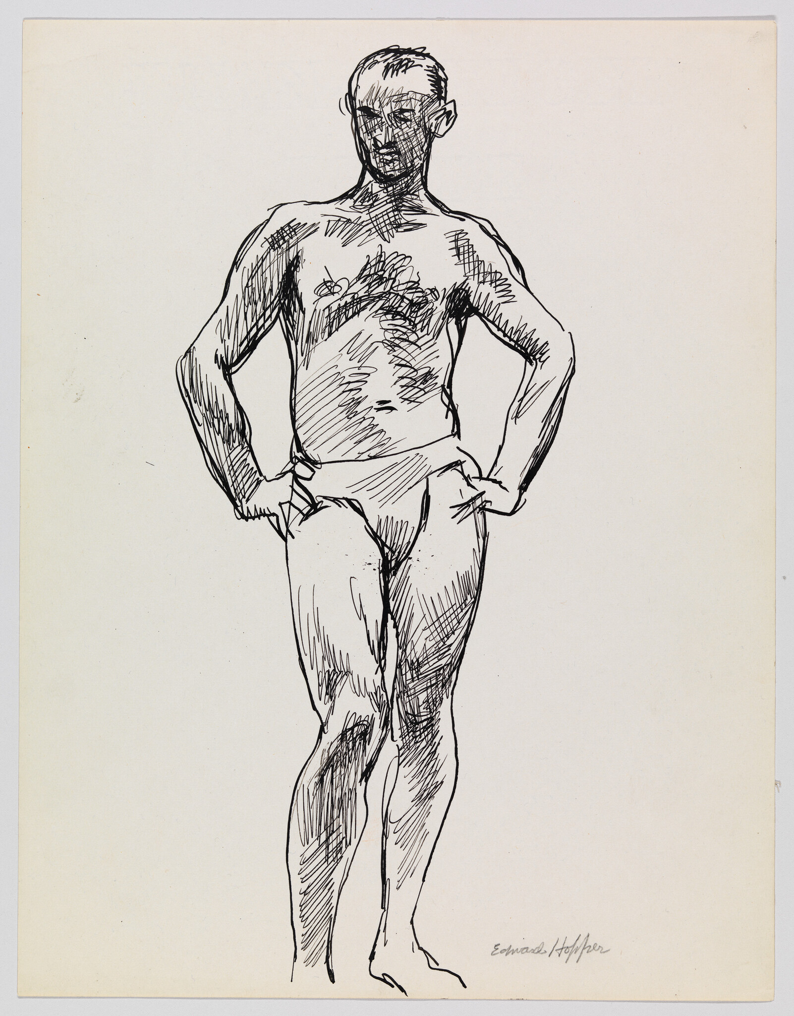 A standing male model wearing briefs with hands on hips in a loose ink sketch.