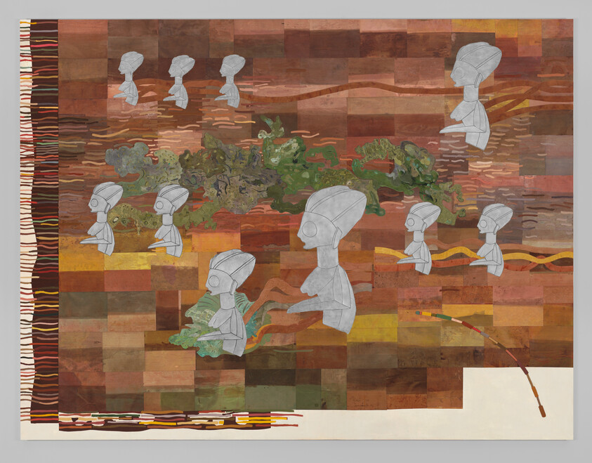 Gray abstract figures float across a patchwork brown background amid green smoky ribbons.