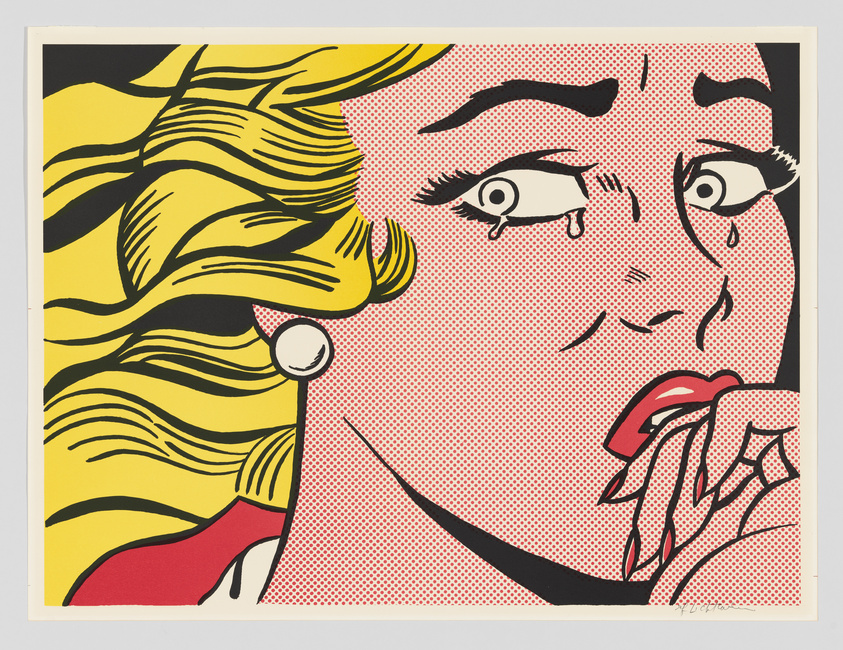 Pop art style illustration featuring a close-up of a woman's face with tears in her eyes. She has bold, black eyebrows, thick eyelashes, and is glancing to the side. Her yellow hair is stylized with thick black lines, and she is holding a red handkerchief to her lips. The background consists of a red dress and a dotted pattern. The artwork is reminiscent of Roy Lichtenstein's comic-inspired technique.