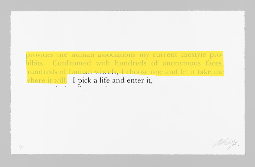 White print with yellow highlighted text showing the line "I pick a life and enter it," centered.