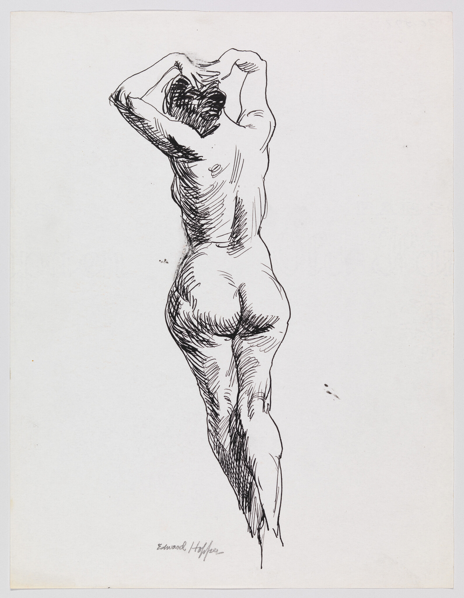 Nude female figure seen from behind standing with arms raised and hands holding her hair.