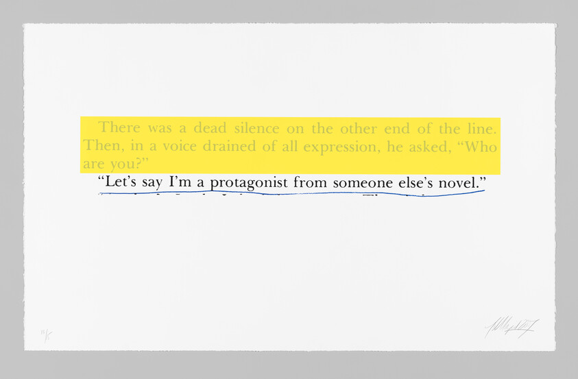 A printed quote reads, "Let's say I'm a protagonist from someone else's novel," with a highlighted line above.