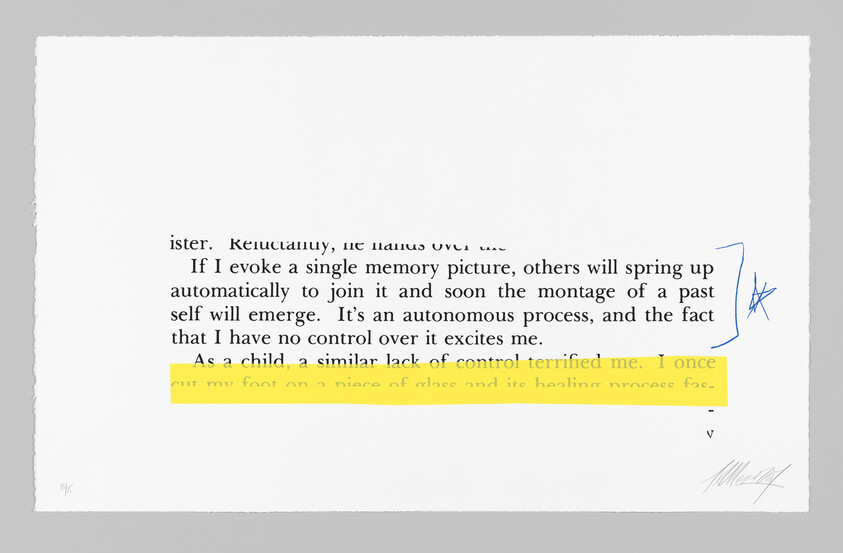 A printed text page with a yellow-highlighted sentence and blue handwritten stars in the margin.