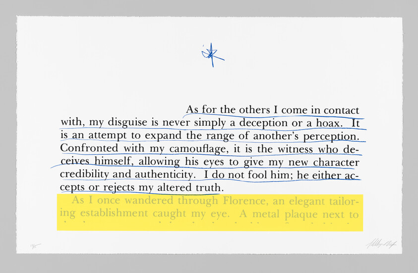 Printed paragraph about disguise and perception with several lines underlined and a sentence highlighted in yellow.