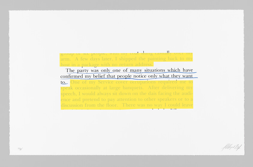 A printed page with two yellow highlighted paragraphs and a blue underline under one sentence.