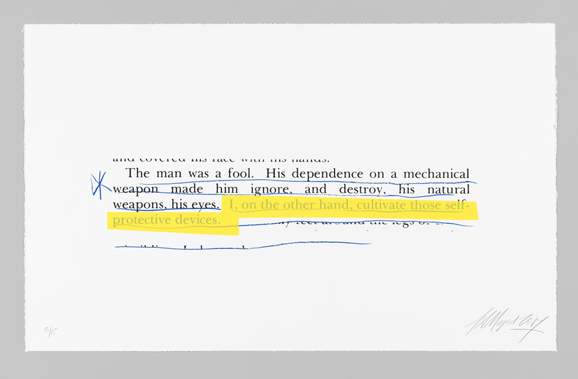 A book page with a highlighted sentence condemning a man's dependence on mechanical weapons and his eyes.