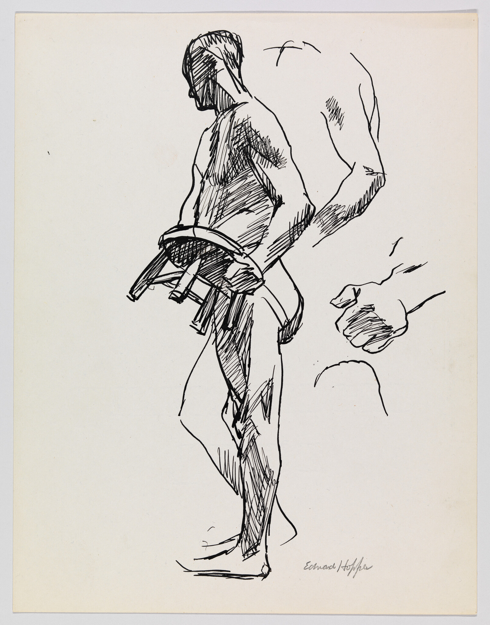 A pen sketch of a standing nude man holding a small stool with hand studies nearby.