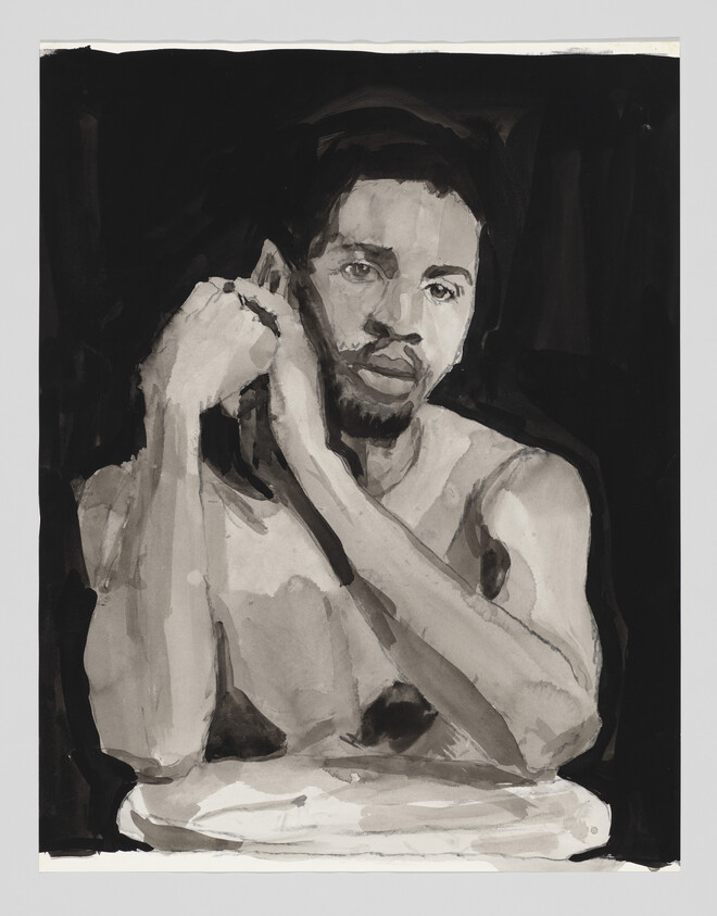 Monochrome painting of a contemplative man resting his head on his hand.