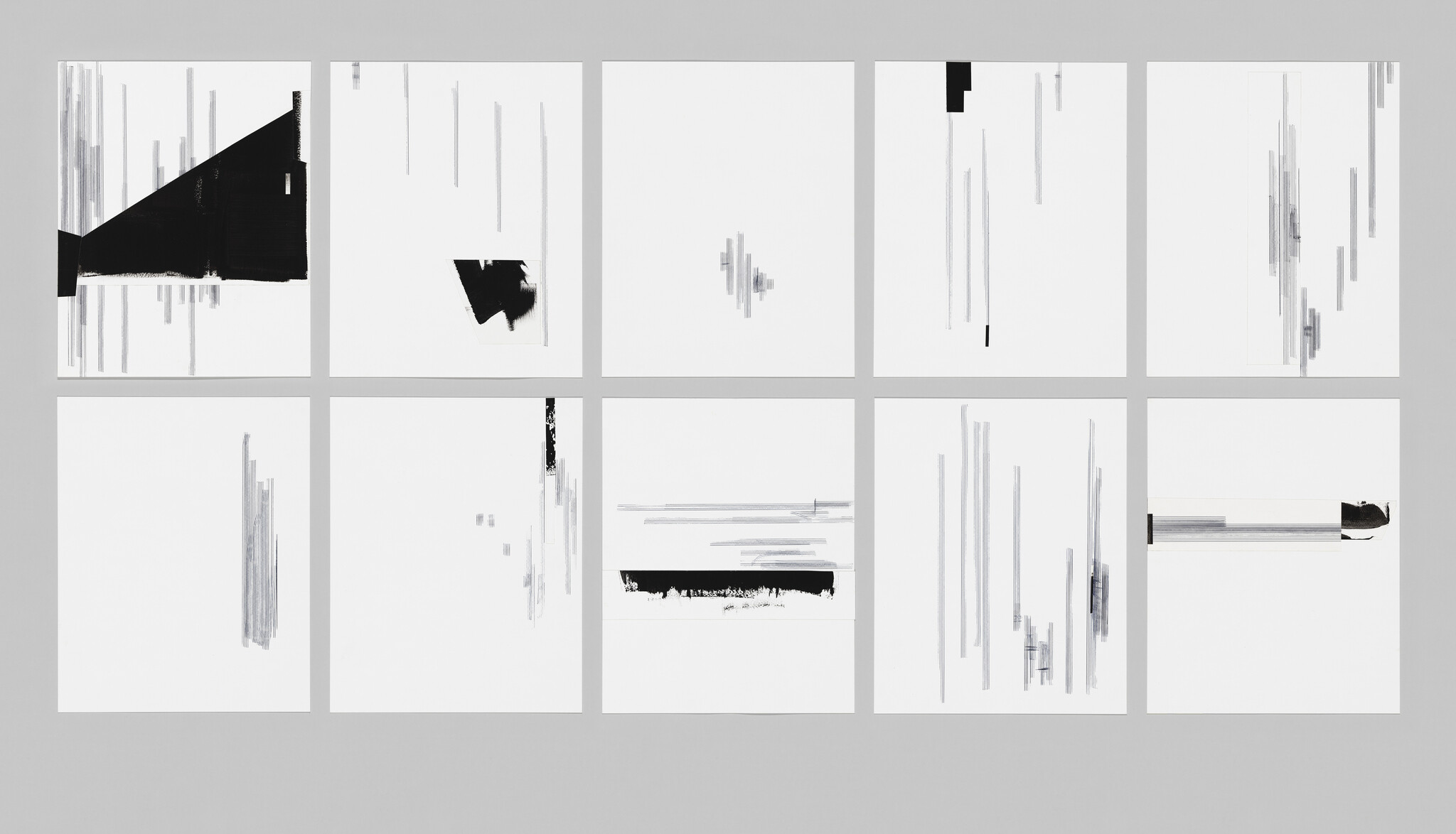 A grid of nine square panels with abstract black and white brush strokes and paint smears, creating a minimalist, modern art composition. The strokes vary in thickness and intensity, with some panels featuring dense black areas and others with more sparse and delicate lines. The bottom right panel depicts a realistic pencil with a detailed tip, contrasting with the abstract elements in the other panels.