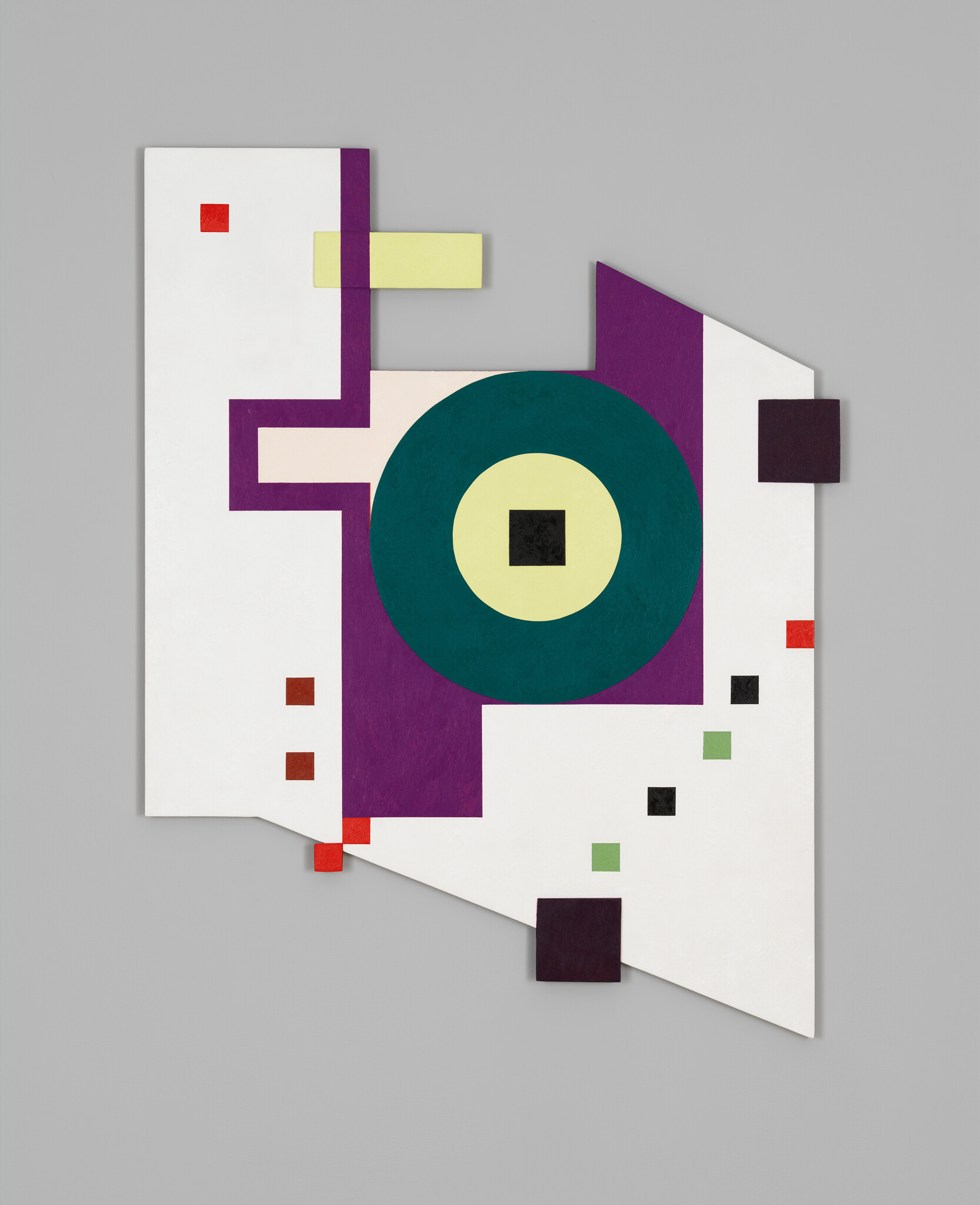 Abstract geometric wall artwork with a teal concentric circle and colorful square accents.