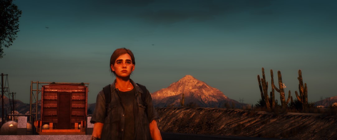 Young woman with backpack stands on deserted road at sunset with mountain and cacti behind her.