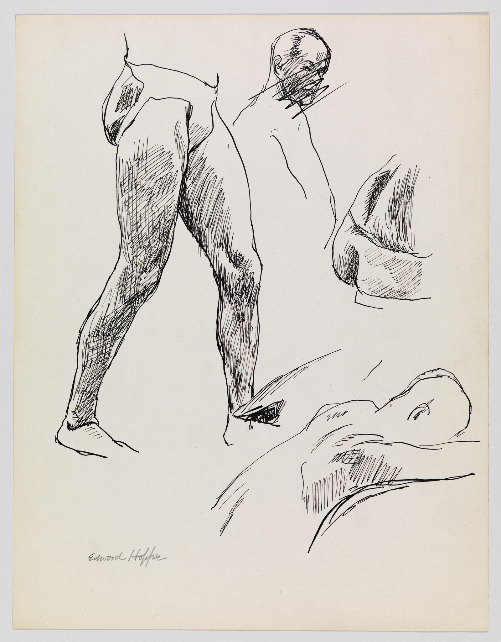 Several quick ink sketches of a nude male figure showing legs, torso, and head studies.