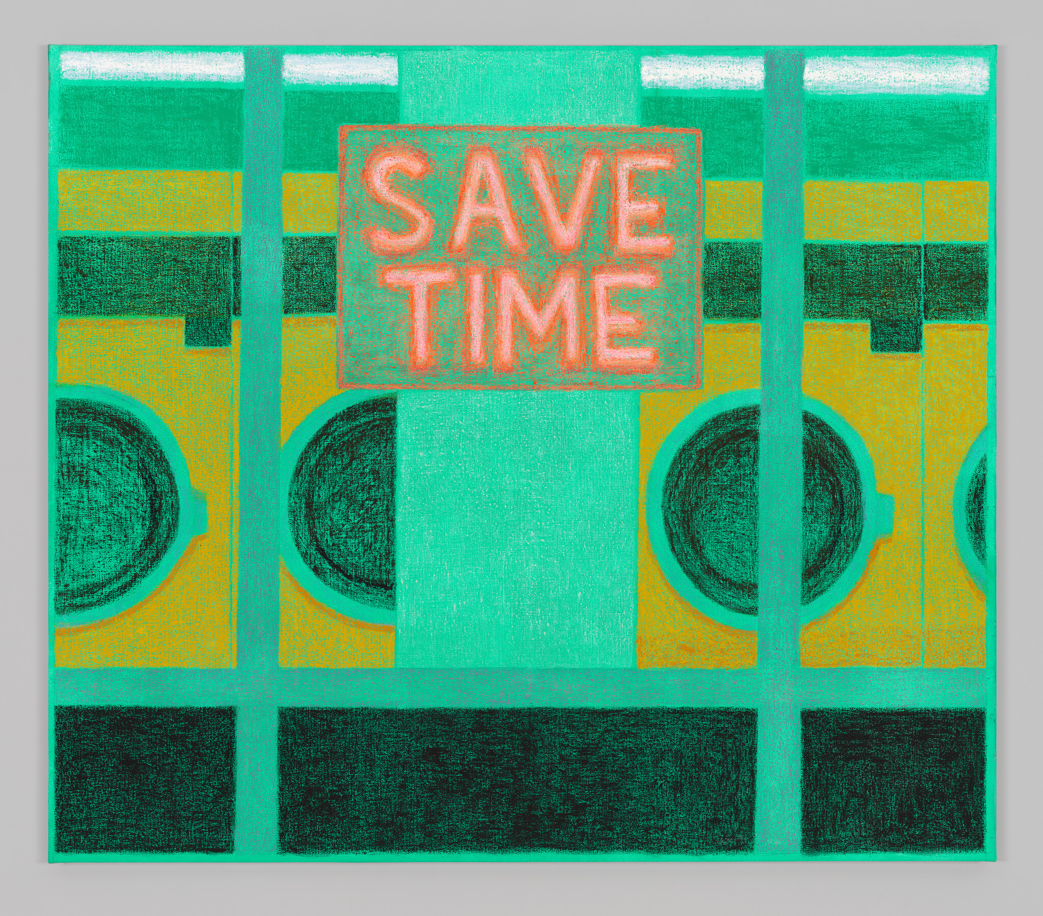 Green and teal laundromat window showing three washing machines and a neon "SAVE TIME" sign.