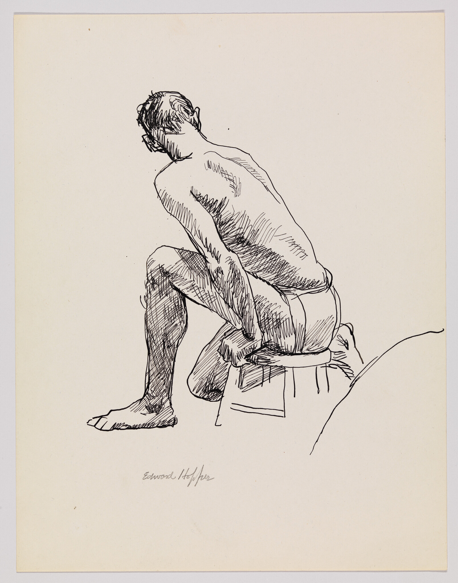 A pen sketch of a seated naked man seen from behind leaning forward on a small stool.