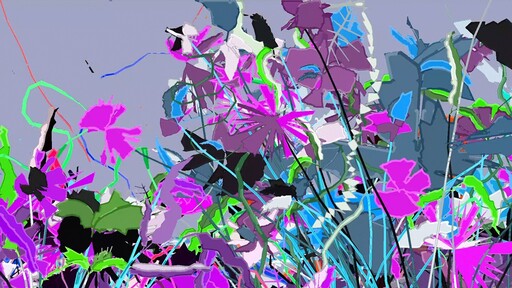 Bright abstract wildflowers with pink, purple, and green shapes and thin blue stems.