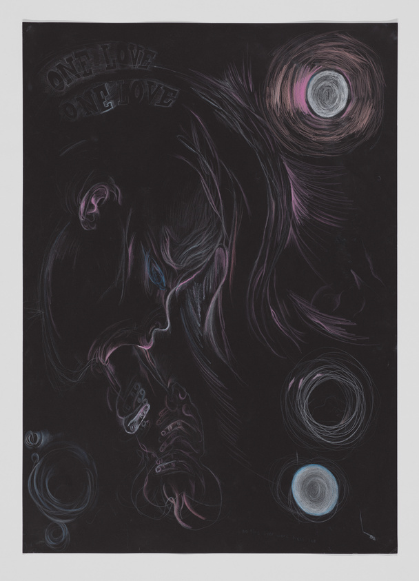 A dark, moody artwork featuring stylized, neon-like outlines of a figure and abstract shapes against a black background. The figure appears to be in profile, blowing smoke or air that transforms into swirling patterns. The words "ONE LOVE" are repeated in an arc above the figure's head. The colors used are primarily shades of pink, blue, and purple, creating a sense of movement and energy within the composition.