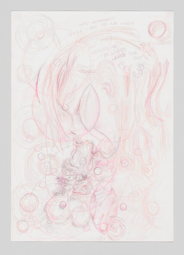 Sketch of a person with a large eye gently holding a small figure surrounded by circles.