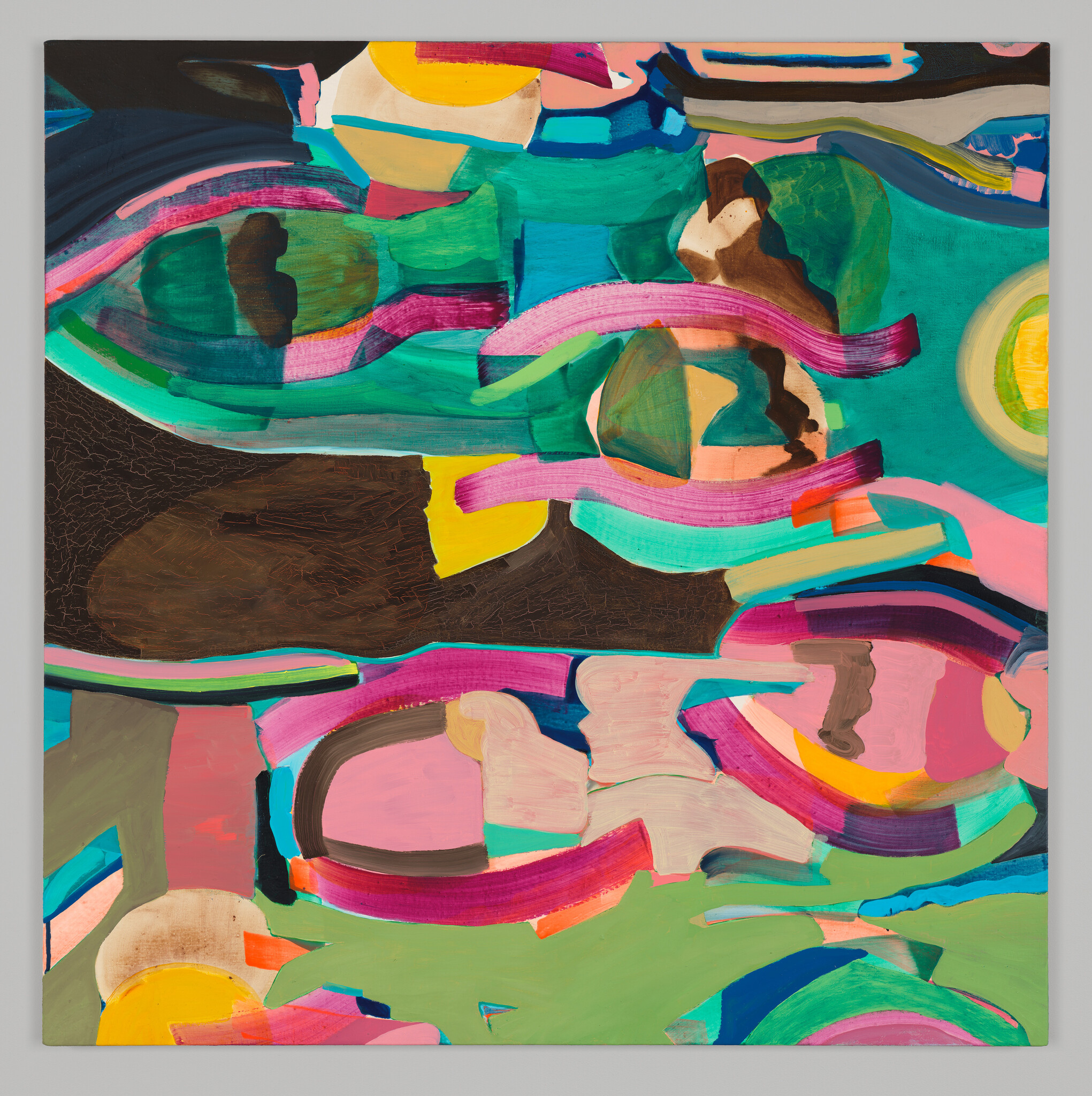 A vibrant abstract painting with a dynamic composition of overlapping shapes and colors, including shades of green, pink, yellow, and blue, with visible brushstrokes and texture variations.