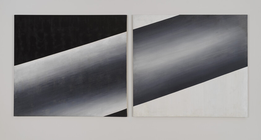 Two square abstract paintings side by side showing broad diagonal black-to-white gradient bands.