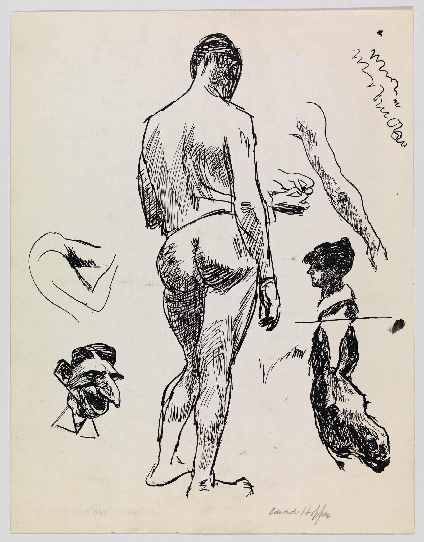 Standing nude male figure sketched from behind, surrounded by small study sketches of heads and limbs.