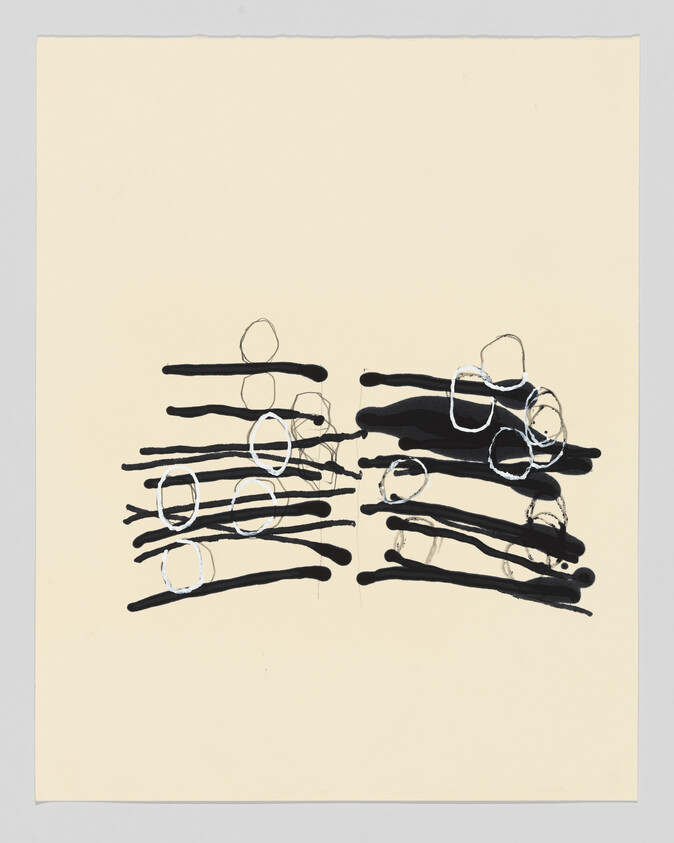 Abstract drawing with stacked black horizontal brushstrokes and hand-drawn white circles on a cream background.