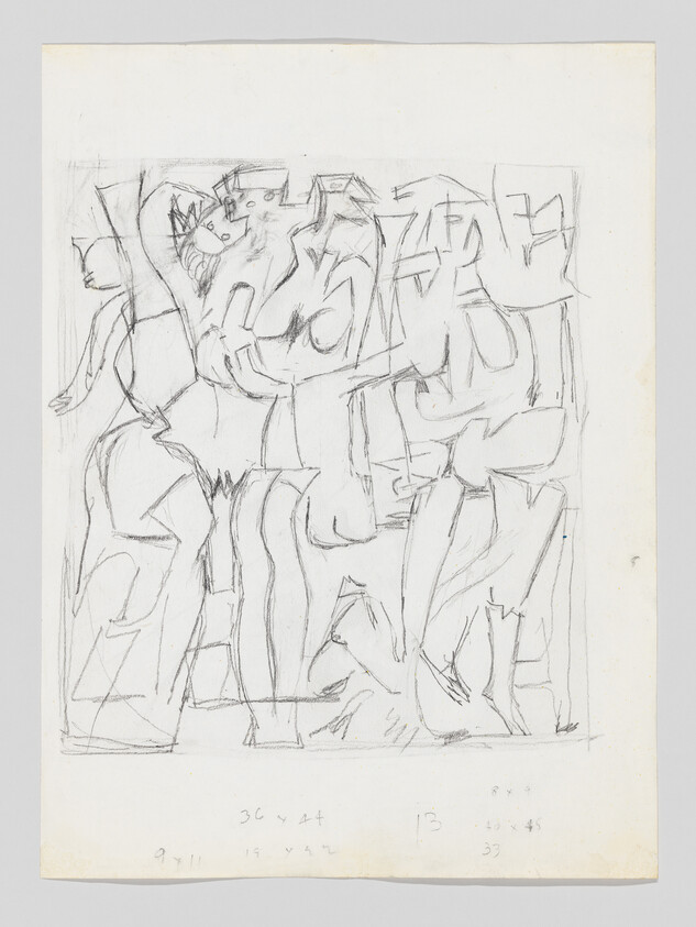 Several overlapping abstract human figures sketched in pencil with angular, cubist-like forms.