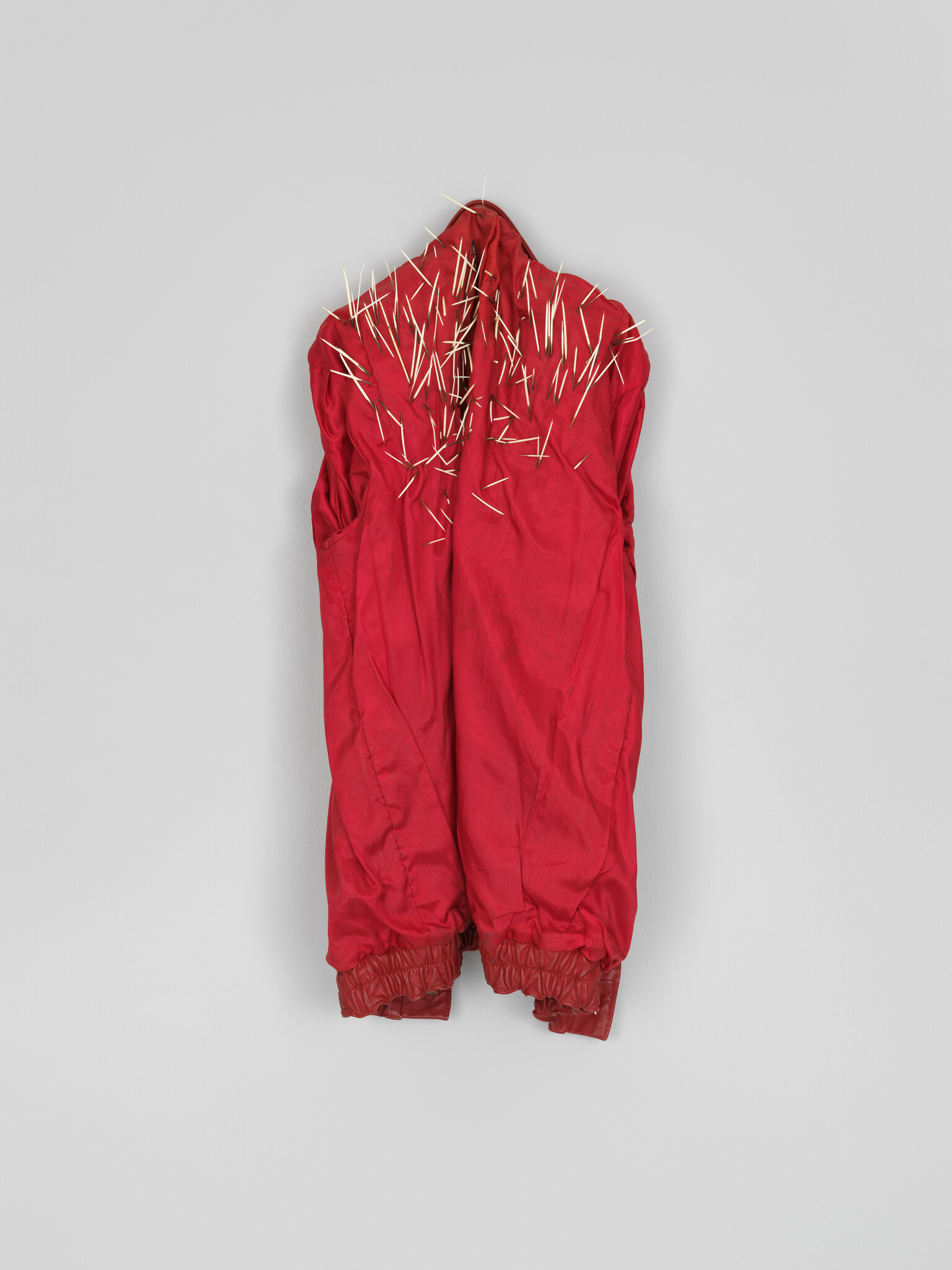 Red sleeveless jacket hanging with numerous wooden toothpicks stuck into its upper back and shoulders.